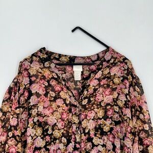 H&M Floral Chiffon Button Down Flowy Loose Boho Tiered Maxi Dress In Black Roses